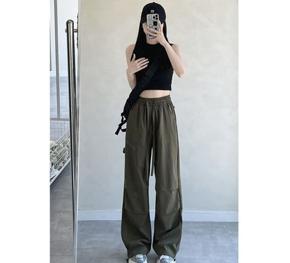 High Rise Drawstring Plain Wide Leg Parachute Cargo Sweatpants SpreePicky