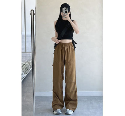 High Rise Drawstring Plain Wide Leg Parachute Cargo Sweatpants SpreePicky