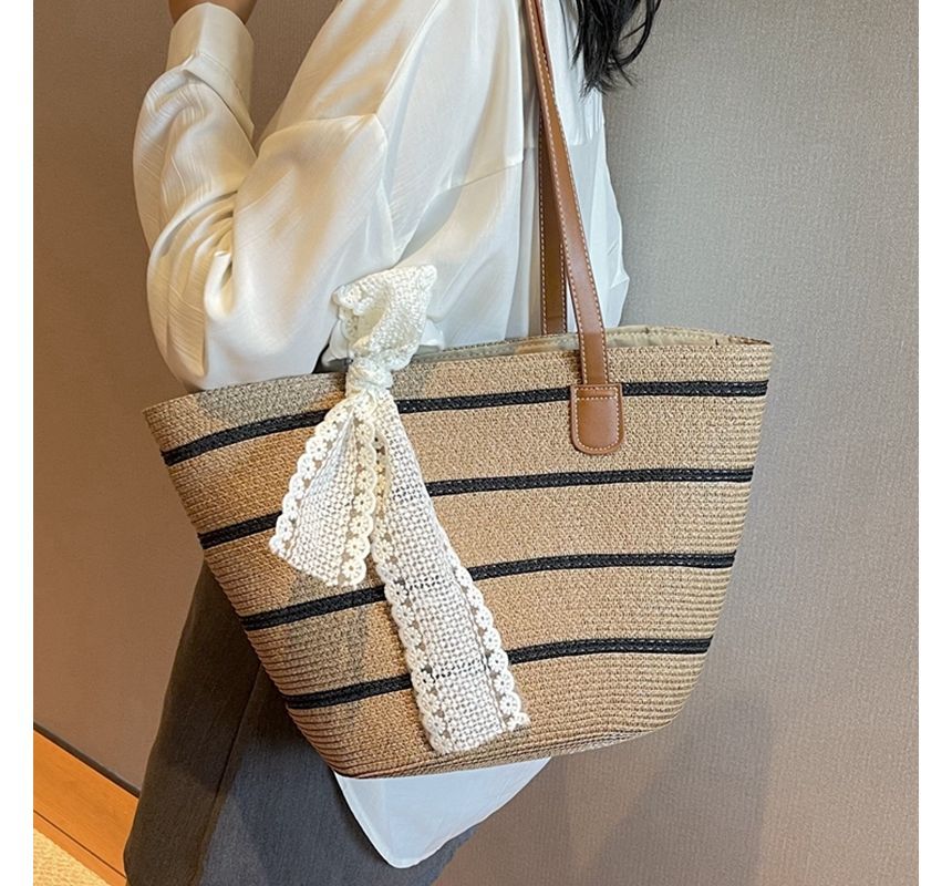 Set: Striped Straw Tote Bag + Lace Strap SpreePicky