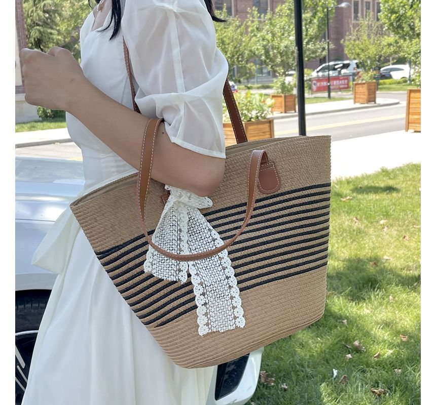 Set: Striped Straw Tote Bag + Lace Strap SpreePicky