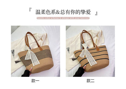 Set: Striped Straw Tote Bag + Lace Strap SpreePicky