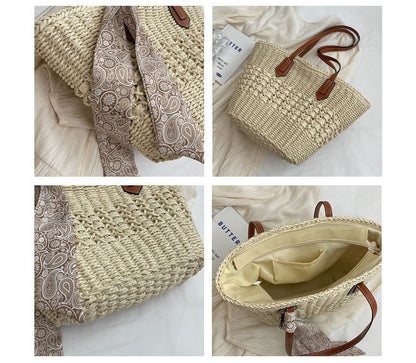 Set: Straw Tote Bag + Paisley Print Neckerchief SpreePicky