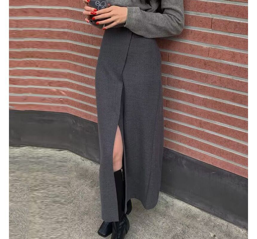 High Rise Plain Asymmetrical Slit Maxi Pencil Skirt mySite