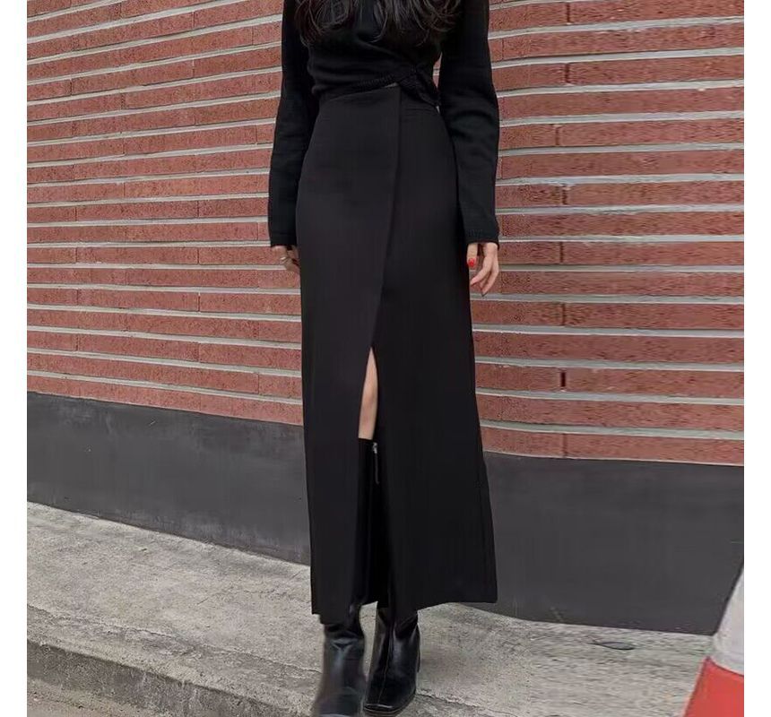 High Rise Plain Asymmetrical Slit Maxi Pencil Skirt mySite