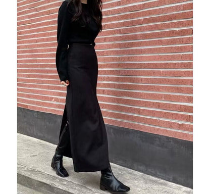 High Rise Plain Asymmetrical Slit Maxi Pencil Skirt mySite