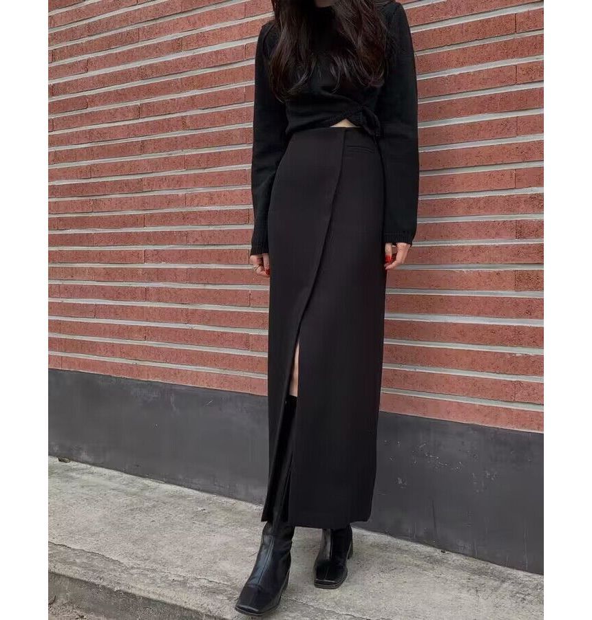 High Rise Plain Asymmetrical Slit Maxi Pencil Skirt mySite