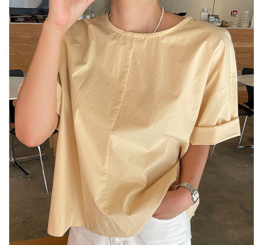 Short-Sleeve Crew Neck Plain Open Back Blouse SpreePicky