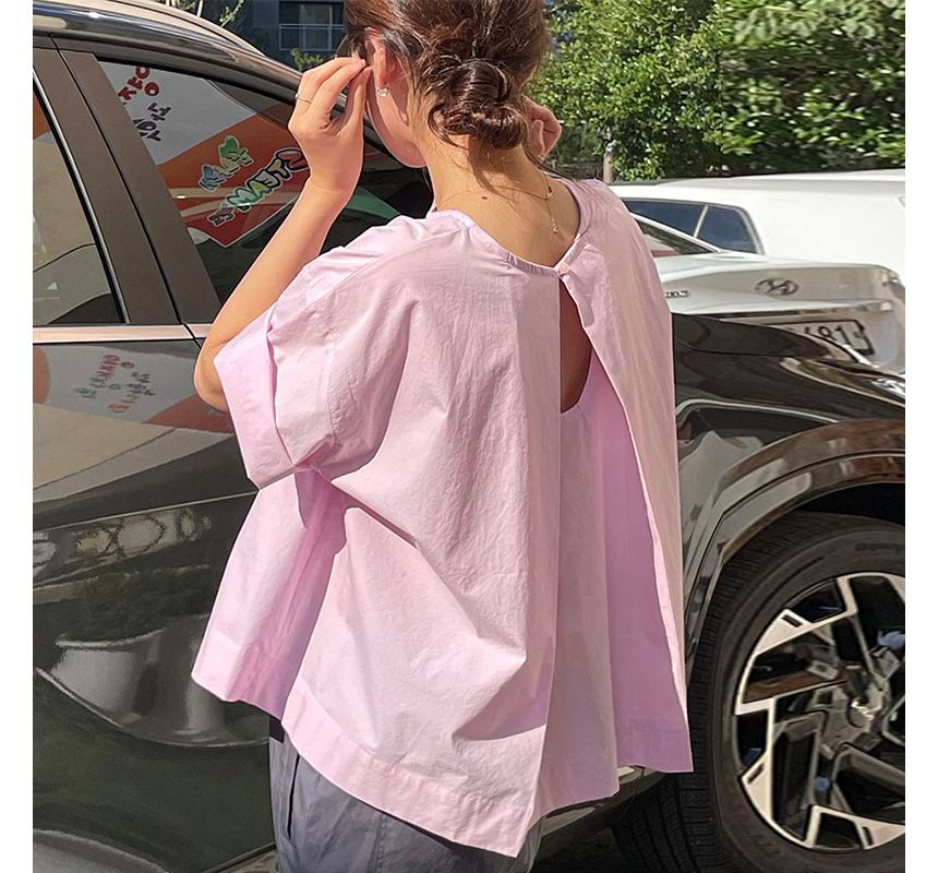 Short-Sleeve Crew Neck Plain Open Back Blouse SpreePicky