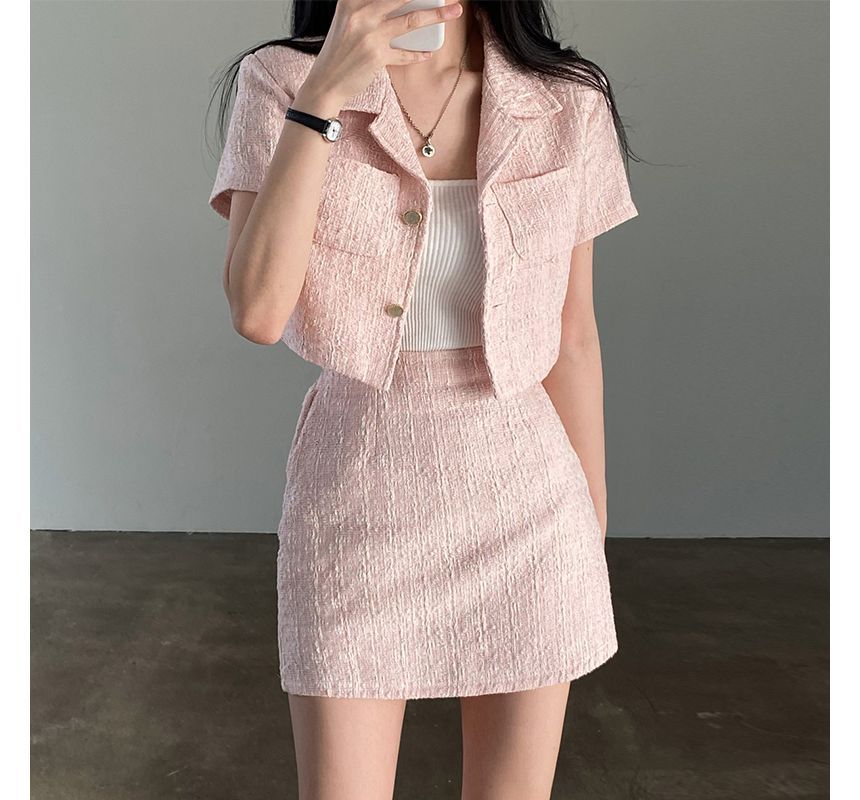 Set: Short-Sleeve Collar Tweed Crop Button-Up Jacket + High Rise Mini A-Line Skirt SpreePicky