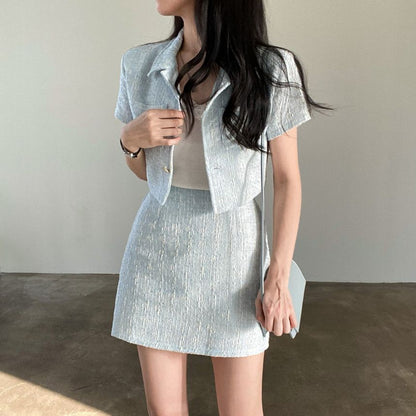 Set: Short-Sleeve Collar Tweed Crop Button-Up Jacket + High Rise Mini A-Line Skirt SpreePicky