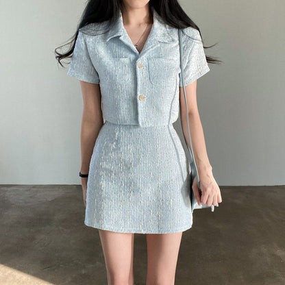 Set: Short-Sleeve Collar Tweed Crop Button-Up Jacket + High Rise Mini A-Line Skirt SpreePicky