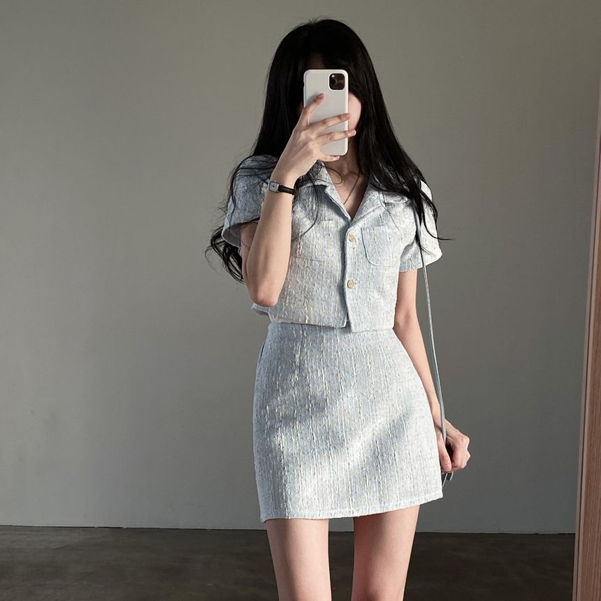 Set: Short-Sleeve Collar Tweed Crop Button-Up Jacket + High Rise Mini A-Line Skirt SpreePicky