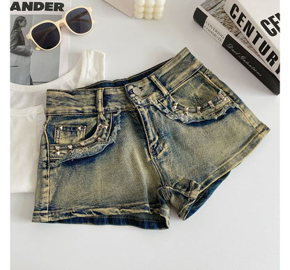 High Waist Washed Studded Denim Shorts mySite