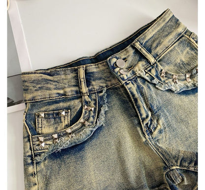 High Waist Washed Studded Denim Shorts mySite