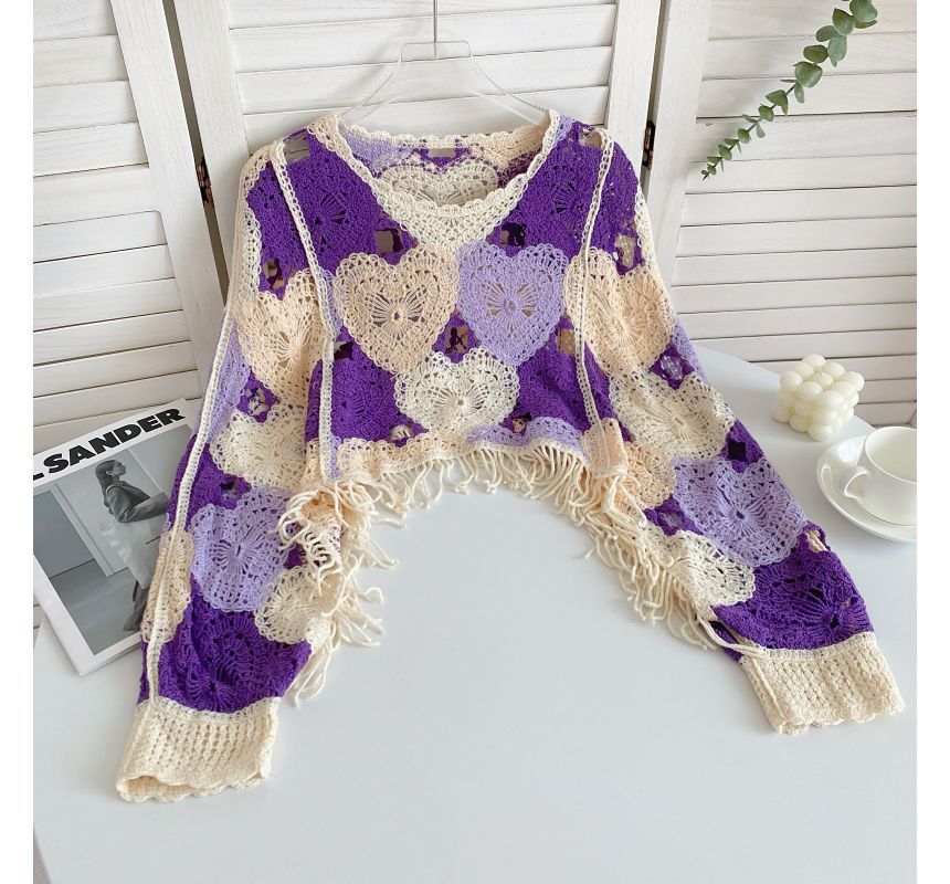 Long-Sleeve V-Neck Heart Print Tasseled Crop Pointelle Knit Top mySite