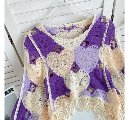 Long-Sleeve V-Neck Heart Print Tasseled Crop Pointelle Knit Top mySite