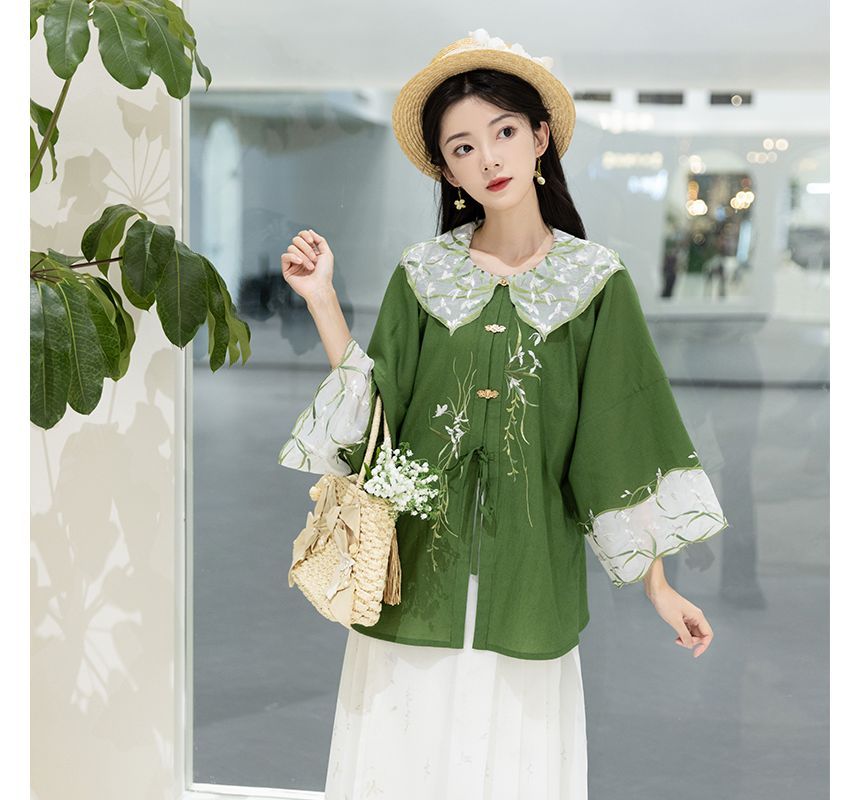 Traditional Chinese Set: 3/4-Sleeve Collared Embroidered Print Panel Tie Front Blouse + High Rise Pleated Maxi A-Line Skirt SpreePicky