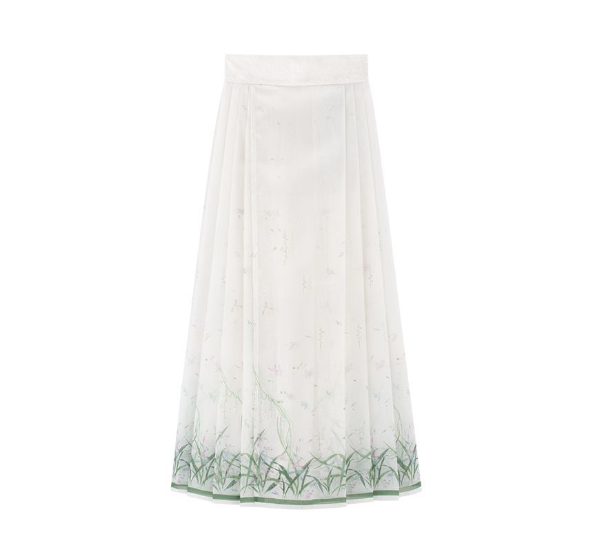 Traditional Chinese Set: 3/4-Sleeve Collared Embroidered Print Panel Tie Front Blouse + High Rise Pleated Maxi A-Line Skirt SpreePicky