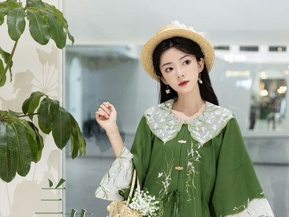 Traditional Chinese Set: 3/4-Sleeve Collared Embroidered Print Panel Tie Front Blouse + High Rise Pleated Maxi A-Line Skirt SpreePicky