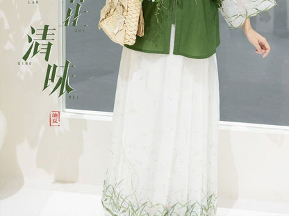 Traditional Chinese Set: 3/4-Sleeve Collared Embroidered Print Panel Tie Front Blouse + High Rise Pleated Maxi A-Line Skirt SpreePicky