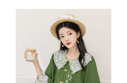 Traditional Chinese Set: 3/4-Sleeve Collared Embroidered Print Panel Tie Front Blouse + High Rise Pleated Maxi A-Line Skirt SpreePicky