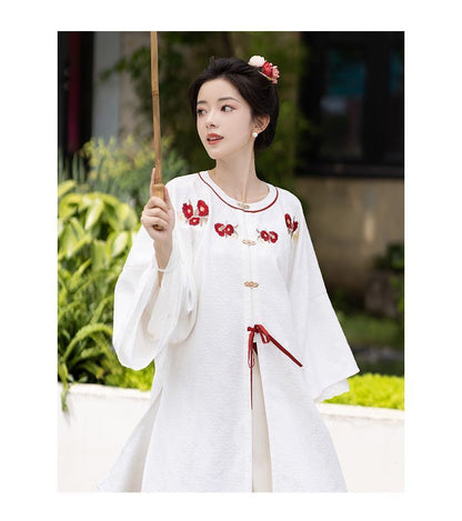 Traditional Chinese Long-Sleeve Crew Neck Embroidered Eyelet Lace Trim Long Blouse / High Waist Pleated Maxi A-Line Skirt / Plain Camisole Top / Costume Charm / Set SpreePicky