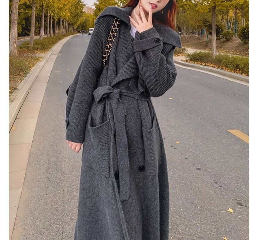 Plain Midi Knit Double-Breasted Trench Coat SpreePicky