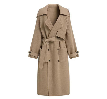 Plain Midi Knit Double-Breasted Trench Coat SpreePicky