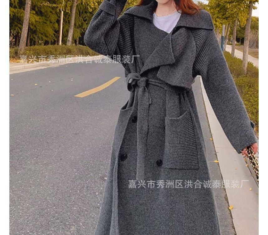 Plain Midi Knit Double-Breasted Trench Coat SpreePicky