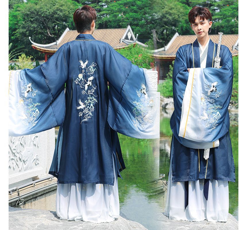 Crane Embroidered Hanfu Jacket / Patterned Blouse / High Waist Chinese Character Print Maxi A SpreePicky