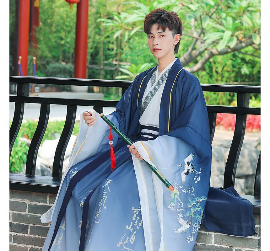 Crane Embroidered Hanfu Jacket / Patterned Blouse / High Waist Chinese Character Print Maxi A SpreePicky