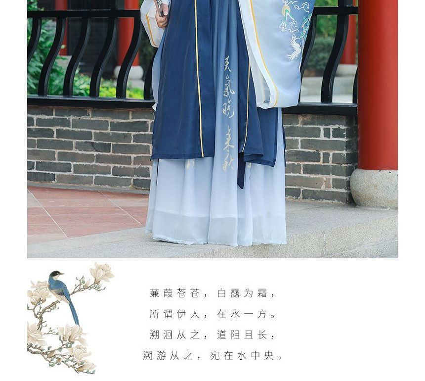 Crane Embroidered Hanfu Jacket / Patterned Blouse / High Waist Chinese Character Print Maxi A SpreePicky