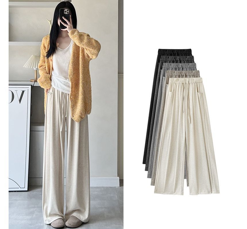 High Rise Drawstring Pocketed Drape Knit Wide Leg Plain Sweatpants SpreePicky