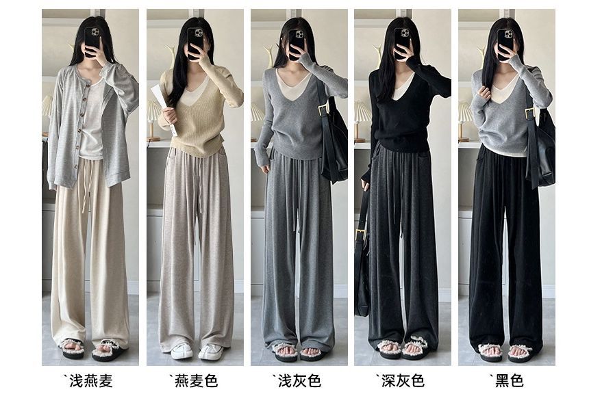 High Rise Drawstring Pocketed Drape Knit Wide Leg Plain Sweatpants SpreePicky