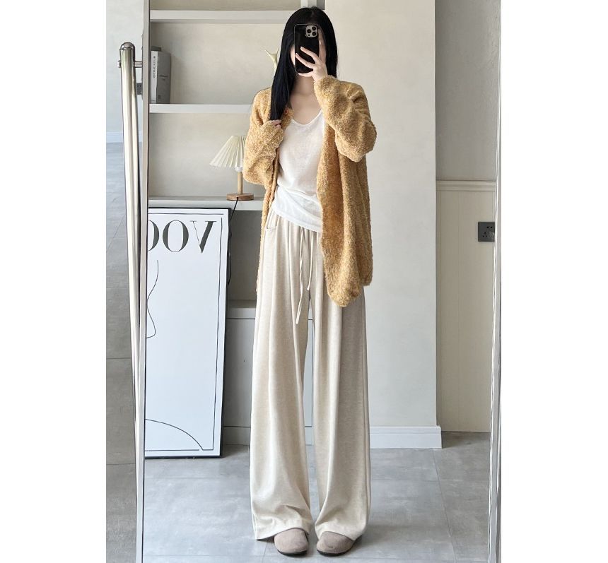 High Rise Drawstring Pocketed Drape Knit Wide Leg Plain Sweatpants SpreePicky