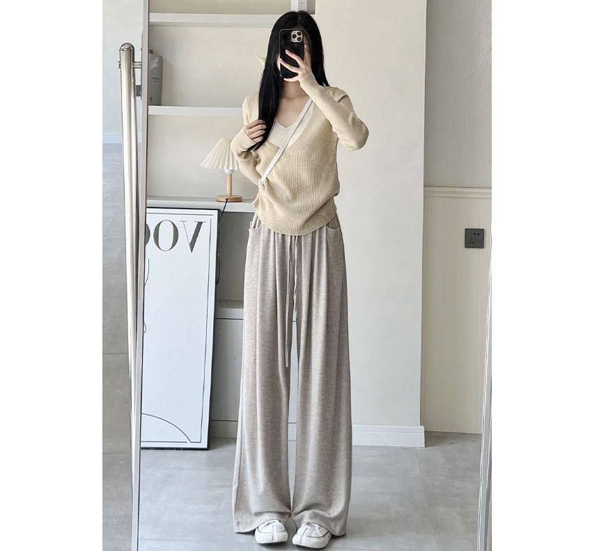 High Rise Drawstring Pocketed Drape Knit Wide Leg Plain Sweatpants SpreePicky