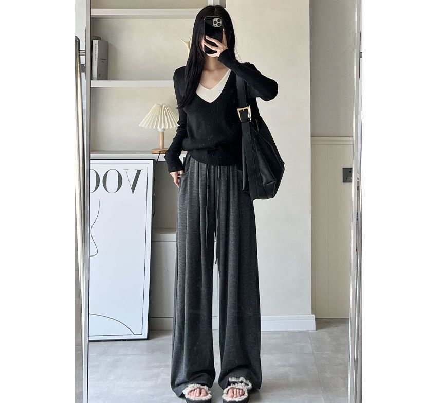 High Rise Drawstring Pocketed Drape Knit Wide Leg Plain Sweatpants SpreePicky