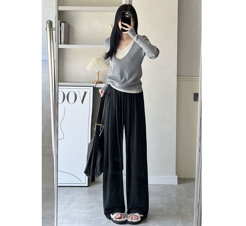 High Rise Drawstring Pocketed Drape Knit Wide Leg Plain Sweatpants SpreePicky