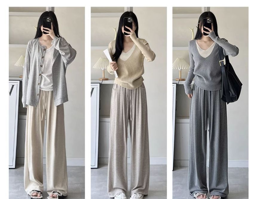 High Rise Drawstring Pocketed Drape Knit Wide Leg Plain Sweatpants SpreePicky