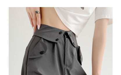 Waist Detailed Pocketed High Waist Plain Wide Leg Cargo Pants SpreePicky