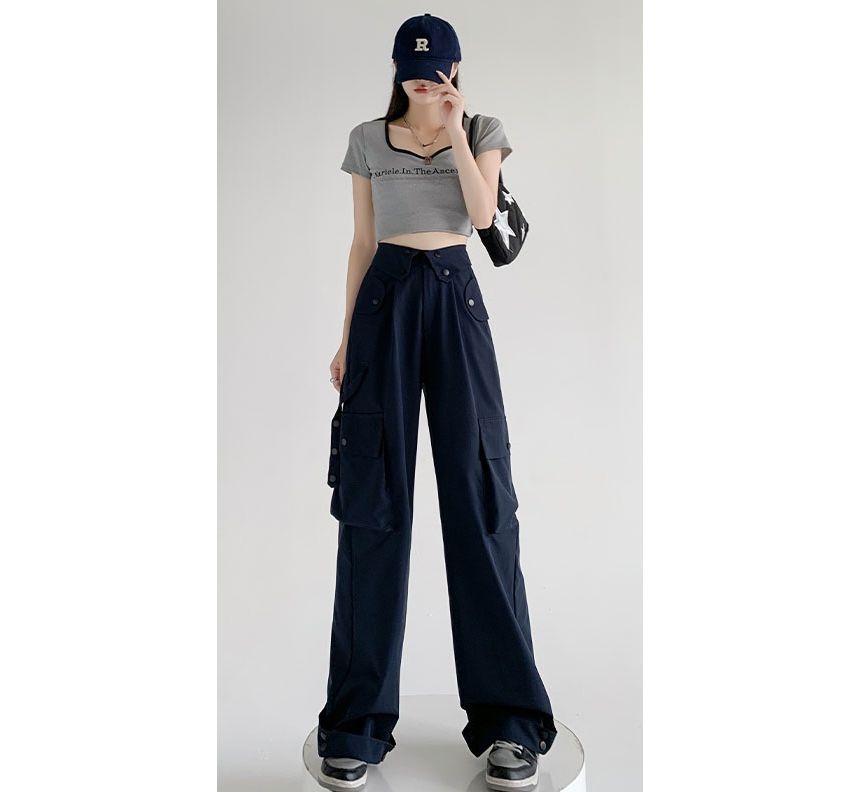 Waist Detailed Pocketed High Waist Plain Wide Leg Cargo Pants SpreePicky