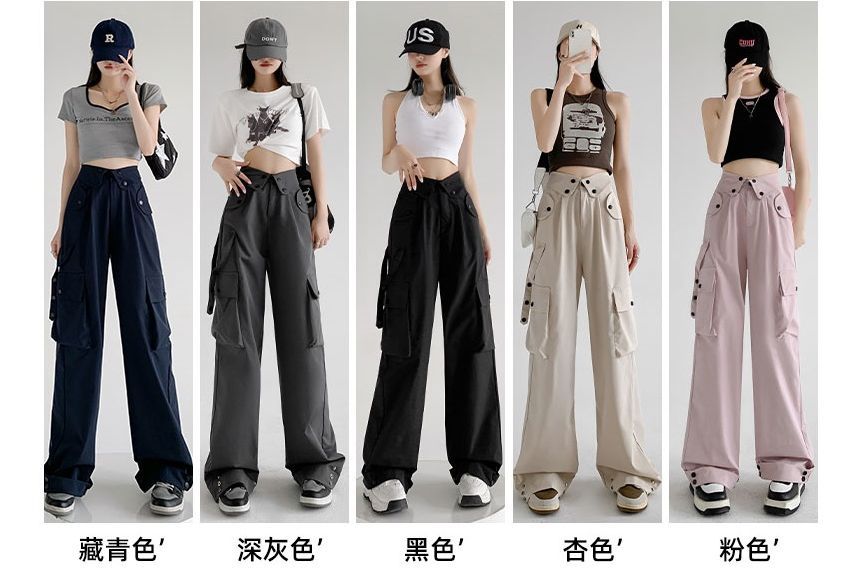 Waist Detailed Pocketed High Waist Plain Wide Leg Cargo Pants SpreePicky