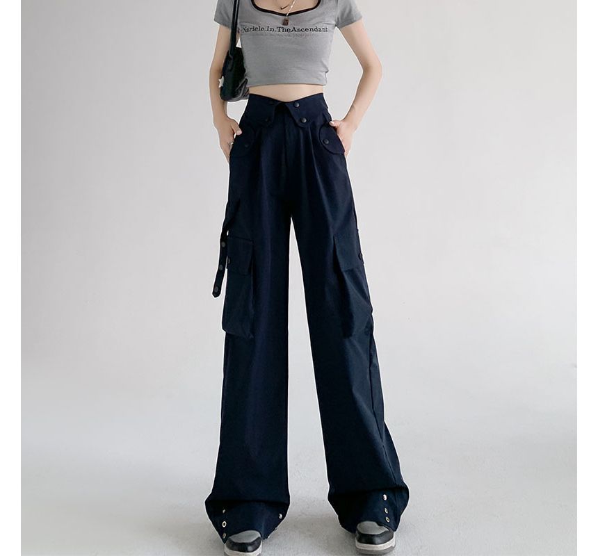 Waist Detailed Pocketed High Waist Plain Wide Leg Cargo Pants SpreePicky