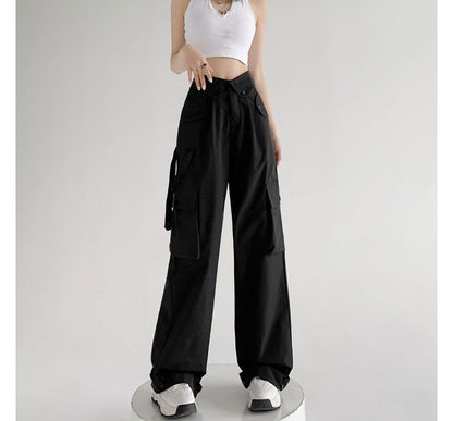 Waist Detailed Pocketed High Waist Plain Wide Leg Cargo Pants SpreePicky