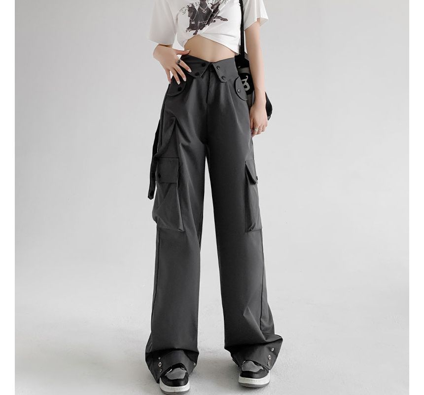 Waist Detailed Pocketed High Waist Plain Wide Leg Cargo Pants SpreePicky