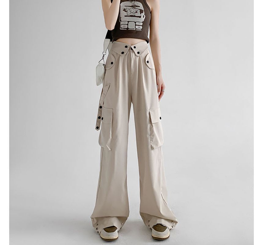 Waist Detailed Pocketed High Waist Plain Wide Leg Cargo Pants SpreePicky