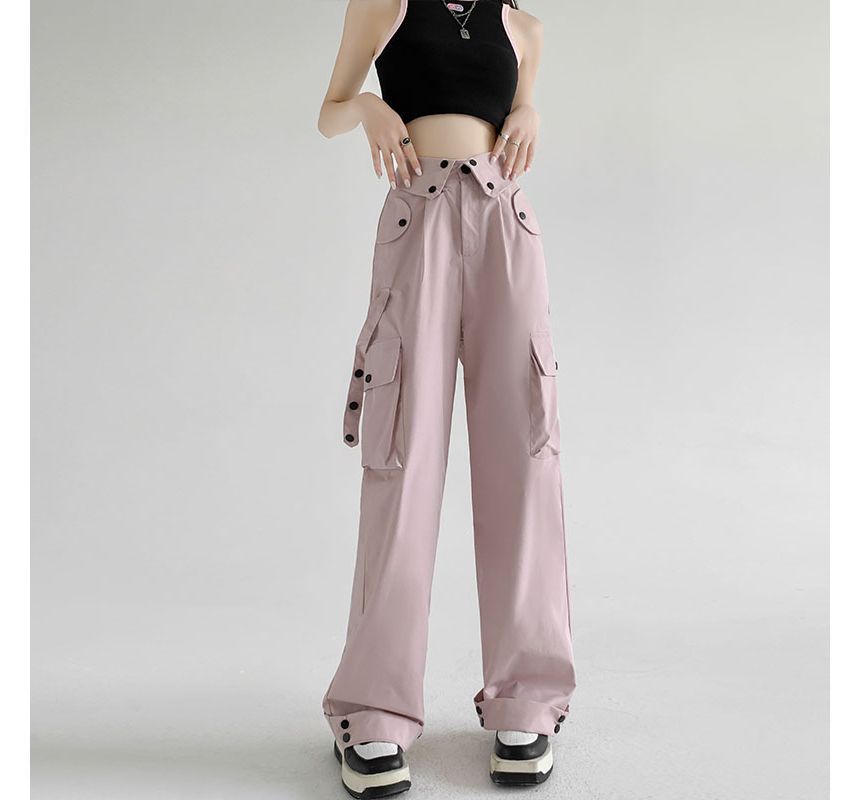 Waist Detailed Pocketed High Waist Plain Wide Leg Cargo Pants SpreePicky