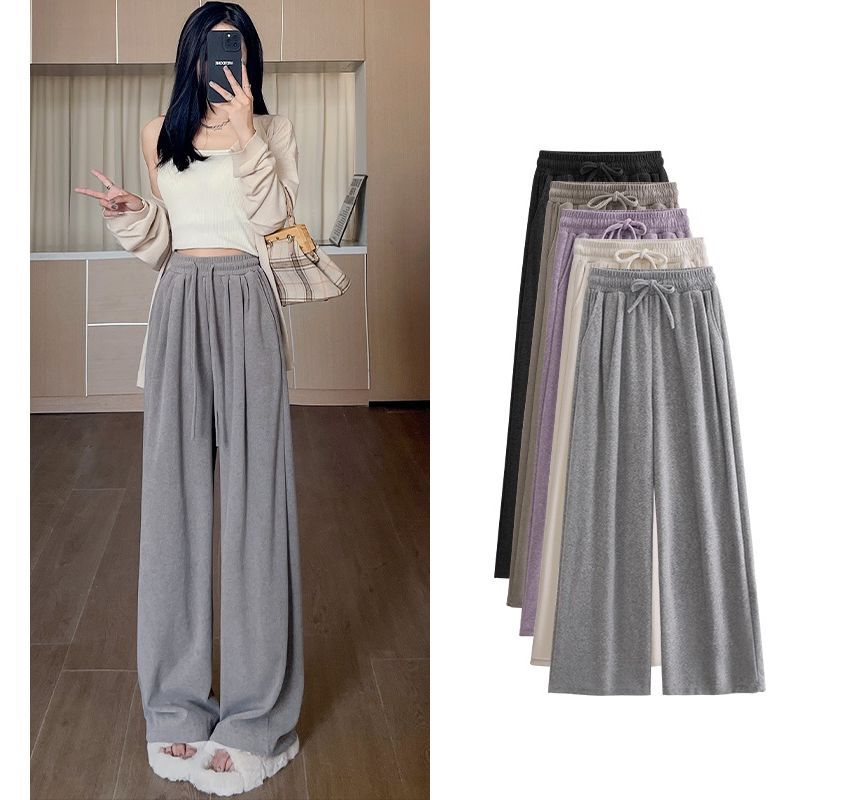 High Rise Plain Drawstring Drape Wide Leg Sweatpants SpreePicky