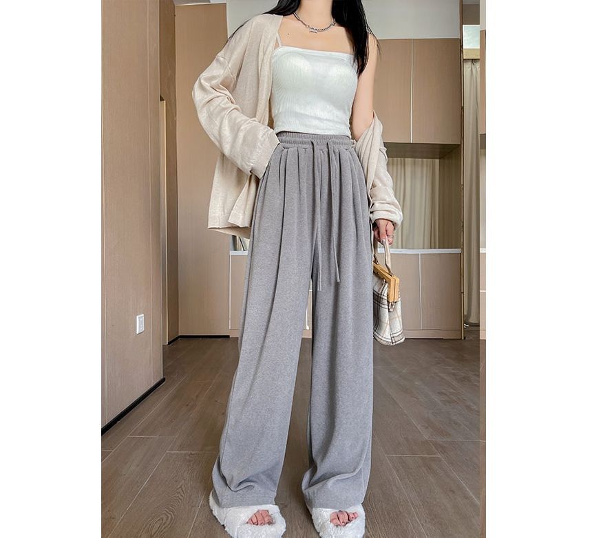 High Rise Plain Drawstring Drape Wide Leg Sweatpants SpreePicky