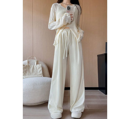 High Rise Plain Drawstring Drape Wide Leg Sweatpants SpreePicky